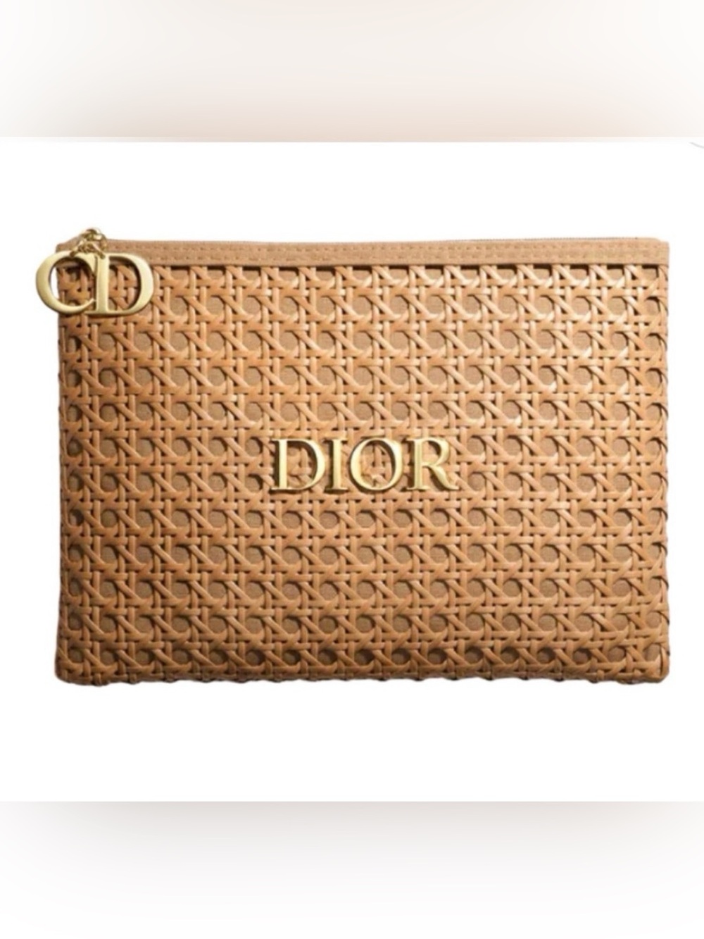 Dior Beauty Tan Raffia Bag Clutch Zip Pouch Lined Interior. NEW